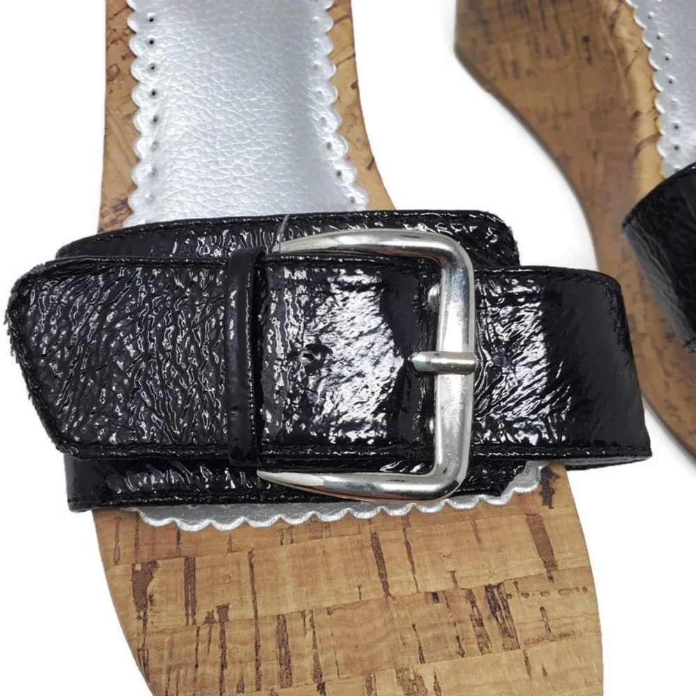 Fashion Bug Size 10 Black Faux Patent Leather Buckle‎ Cork Wedge Heels Sandals
